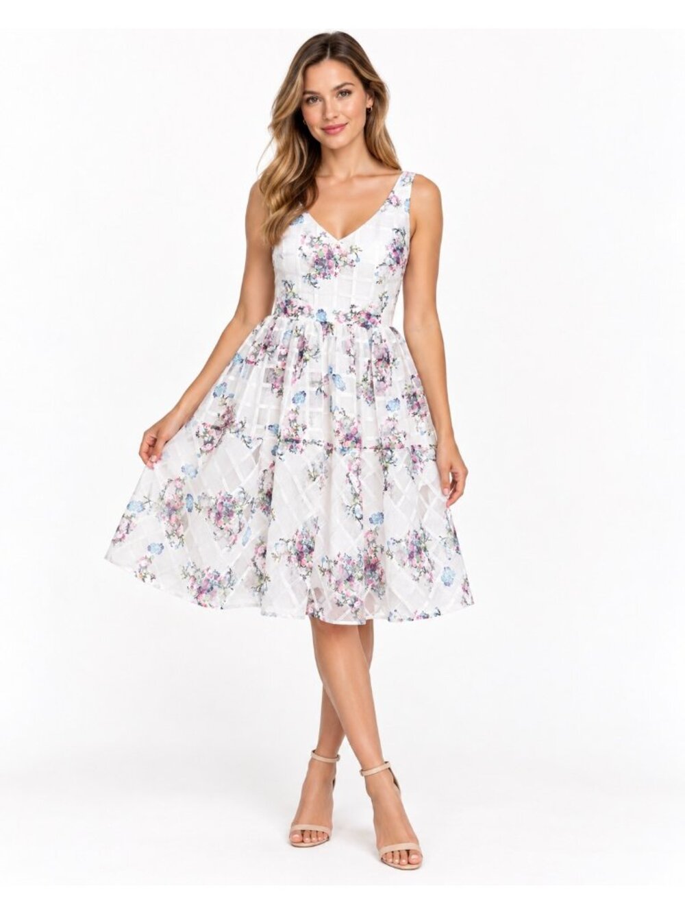 Anthropologie Maeve Women’s Size 8 White Floral Windowpane Fit Flare Dress
